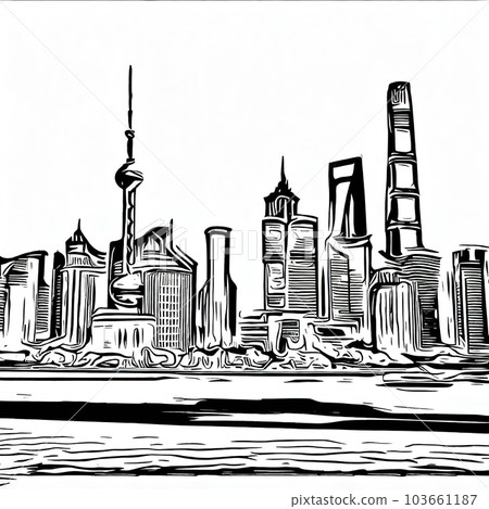 urban city skyline,thick black lines style cooloring , black and white COPY SPACE  103661187