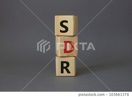 SDR, Special Drawing Rights. Wooden cubes with word SDR. Beautiful grey background. Business and SDR concept. Copy space. 103661378