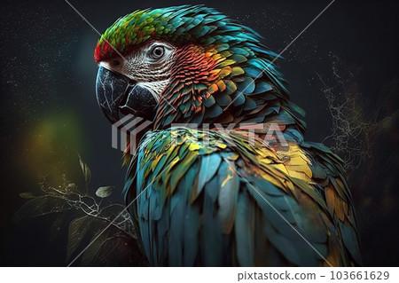 Image of colorful parrot. Pet. Animal. Bird. Illustration. Generative AI. 103661629