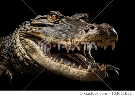 Image of a crocodile is opening its mouth on black background. Wildlife Animals. illustration. Generative AI. 103661632