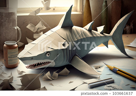 Image of paper origami art. Handmade paper shark. Underwater animals. Animals. illustration, generative AI 103661637