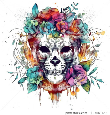 Image of a lion female head with colorful tropical flowers. wildlife. Animal. illustration, Generative AI. Image of a lion female head with colorful tropical flowers. wildlife. Animal. illustration, Generative AI. 103661638