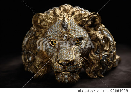 A lion's face jewelry set with diamonds on a dark background. Wildlife animals. Illustration. Generative AI. A lion's face jewelry set with diamonds on a dark background. Wildlife animals. Illustration. Generative AI. 103661639