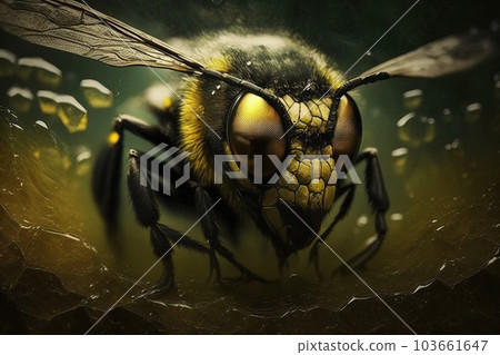 Image of black yellow wasp. Insect. Illustration, generative AI. 103661647