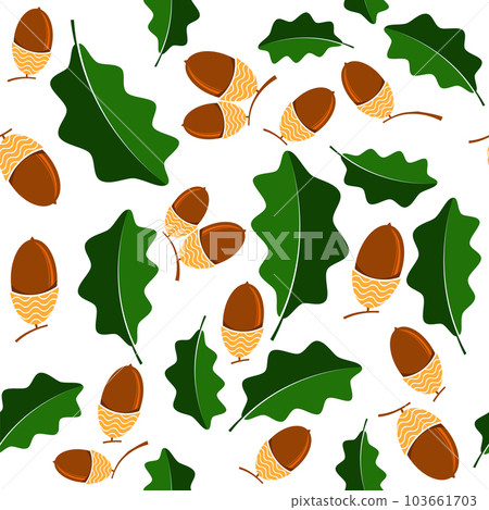 Vector Ripe Acorn Icon Isolated on White Background. Autumn Oak Leaves Seamless Pattern 103661703