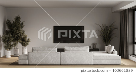 Modern grey luxury minimalist interior livingroom with large gray modular sofa, panoramic windows and palm trees. TV wall mockup. 3d rendering. High quality 3d illustration Modern grey luxury minimalist interior livingroom with large gray modular sofa, panoramic windows and palm trees. TV wall mockup. 3d rendering. High quality 3d illustration 103661889