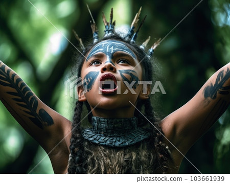 A young girl with tattoos on her face. Generative AI image. 103661939