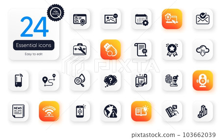 Set of Technology flat icons. Internet warning, 3d chart and Wifi elements for web application. Architect plan, Flash memory, Seo certificate icons. Remove image, Speaker, Journey elements. Vector 103662039