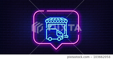 Neon light speech bubble. Delivery market line icon. Store transport sign. Retail marketplace symbol. Neon light background. Delivery truck glow line. Brick wall banner. Vector 103662058