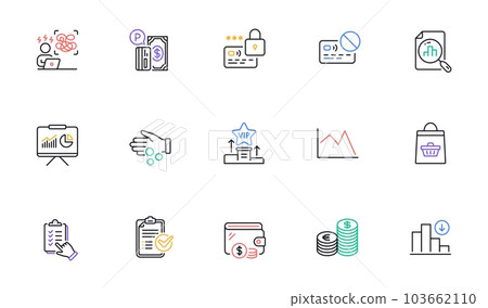 Checklist, Lock and Analytics graph line icons for website, printing. Collection of Difficult stress, Presentation, Donation money icons. Currency, Parking payment. Vector Checklist, Lock and Analytics graph line icons for website, printing. Collection of Difficult stress, Presentation, Donation money icons. Currency, Parking payment. Vector 103662110