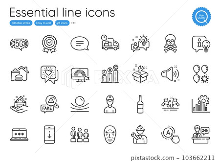 Graph chart, Chat and Fake news line icons. Collection of Insurance medal, Laptop password, Balloon dart icons. Repairman, Ab testing, Skin care web elements. Wine, Elastic material, Spanner. Vector Graph chart, Chat and Fake news line icons. Collection of Insurance medal, Laptop password, Balloon dart icons. Repairman, Ab testing, Skin care web elements. Wine, Elastic material, Spanner. Vector 103662211