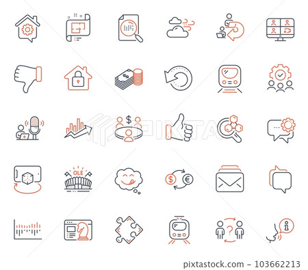 Business icons set. Included icon as Meeting, Augmented reality and Like hand web elements. Messenger, Growth chart, Column diagram icons. Chemistry lab, Architectural plan. Vector 103662213
