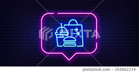Neon light speech bubble. Food delivery line icon. Cheeseburger with Soft drink sign. Catering service symbol. Neon light background. Food delivery glow line. Brick wall banner. Vector Neon light speech bubble. Food delivery line icon. Cheeseburger with Soft drink sign. Catering service symbol. Neon light background. Food delivery glow line. Brick wall banner. Vector 103662214