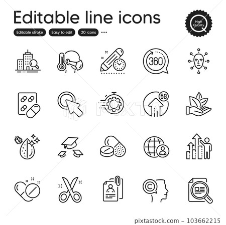 Set of Science outline icons. Contains icons as Scissors, Inspect and Throw hats elements. Medical pills, Click here, Seo timer web signs. International recruitment, 360 degrees. Vector 103662215
