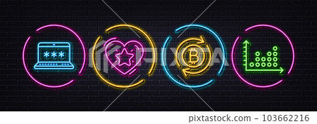 Laptop password, Ranking star and Refresh bitcoin minimal line icons. Neon laser 3d lights. Dot plot icons. For web, application, printing. Computer access, Love rank, Update cryptocurrency. Vector Laptop password, Ranking star and Refresh bitcoin minimal line icons. Neon laser 3d lights. Dot plot icons. For web, application, printing. Computer access, Love rank, Update cryptocurrency. Vector 103662216