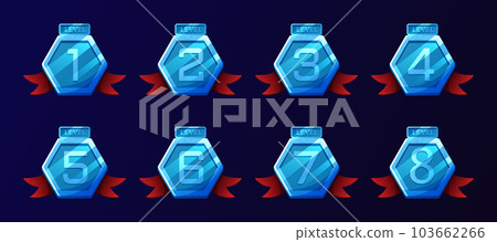 Game badges with level number. Level results vector icon design for the game, UI, banner, design for app, interface, game development Game badges with level number. Level results vector icon design for the game, UI, banner, design for app, interface, game development 103662266