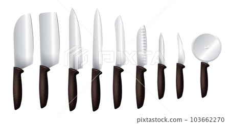 Kitchen knives hanging set isolated. meat chef cutting hatchet, cooking cutlery types. Sharp blade cooking tool for kitchen, folding combat knife, kitchenware for cutting of stainless steel Kitchen knives hanging set isolated. meat chef cutting hatchet, cooking cutlery types. Sharp blade cooking tool for kitchen, folding combat knife, kitchenware for cutting of stainless steel 103662270