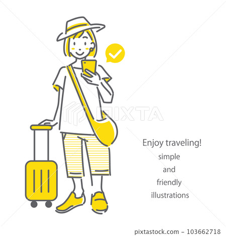 一位年輕女子獨自旅行,一隻手拿著智能手機 簡單時尚的線條畫插圖 一位年輕女子獨自旅行,一隻手拿著智能手機 簡單時尚的線條畫插圖 103662718