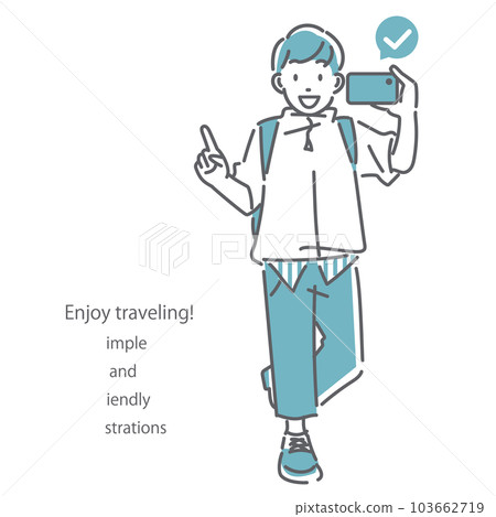 一個年輕人獨自旅行，一隻手拿著智能手機簡單時尚的線條畫插圖 103662719