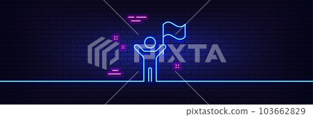 Neon light glow effect. Leadership line icon. Success flag sign. Winner symbol. 3d line neon glow icon. Brick wall banner. Leadership outline. Vector Neon light glow effect. Leadership line icon. Success flag sign. Winner symbol. 3d line neon glow icon. Brick wall banner. Leadership outline. Vector 103662829