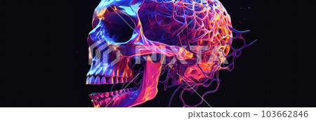 A neon skull is shown against a black background. Generative AI image. A neon skull is shown against a black background. Generative AI image. 103662846