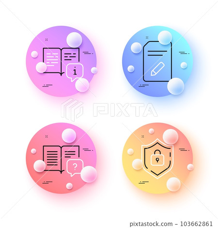 Manual, Instruction manual and Shield minimal line icons. 3d spheres or balls buttons. Edit document icons. For web, application, printing. Read book, Questionnaire, Password protect. Vector Manual, Instruction manual and Shield minimal line icons. 3d spheres or balls buttons. Edit document icons. For web, application, printing. Read book, Questionnaire, Password protect. Vector 103662861