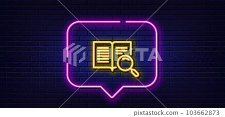 Neon light speech bubble. Search text line icon. Find word sign. Open book symbol. Neon light background. Search text glow line. Brick wall banner. Vector Neon light speech bubble. Search text line icon. Find word sign. Open book symbol. Neon light background. Search text glow line. Brick wall banner. Vector 103662873