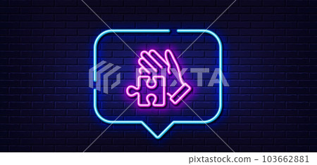 Neon light speech bubble. Puzzle line icon. Hand with Jigsaw piece sign. Business challenge symbol. Neon light background. Puzzle glow line. Brick wall banner. Vector Neon light speech bubble. Puzzle line icon. Hand with Jigsaw piece sign. Business challenge symbol. Neon light background. Puzzle glow line. Brick wall banner. Vector 103662881