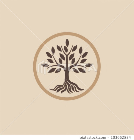 A tree with roots in a circle on a beige background. Generative AI image. 103662884