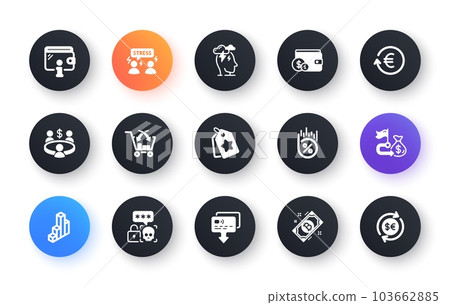 Minimal set of Loan percent, Difficult stress and 3d chart flat icons for web development. Exchange currency, Card, Buying accessory icons. Stress, Meeting, Cyber attack web elements. Vector 103662885