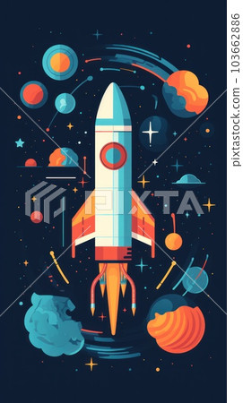 A rocket flying through the air surrounded by planets. Generative AI image. 103662886