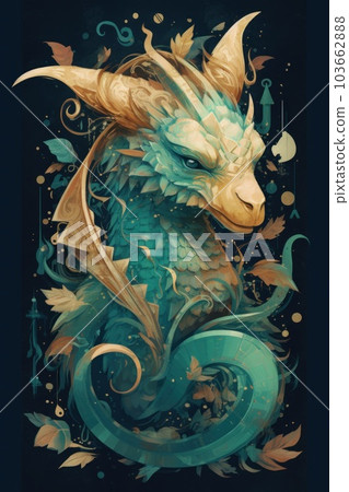 A painting of a blue dragon with gold wings. Generative AI image. 103662888