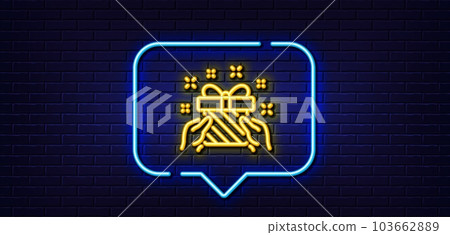 Neon light speech bubble. New year present line icon. Christmas gift box sign. Surprise symbol. Neon light background. Gift glow line. Brick wall banner. Vector 103662889