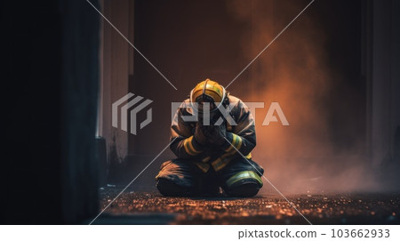 A firefighter kneeling on the ground in front of a fire. Generative AI image. 103662933