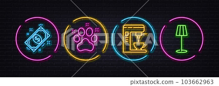 Coffee maker, Pet friendly and Payment minimal line icons. Neon laser 3d lights. Floor lamp icons. For web, application, printing. Tea machine, Dog paw, Finance. Stand lamp. Vector Coffee maker, Pet friendly and Payment minimal line icons. Neon laser 3d lights. Floor lamp icons. For web, application, printing. Tea machine, Dog paw, Finance. Stand lamp. Vector 103662963