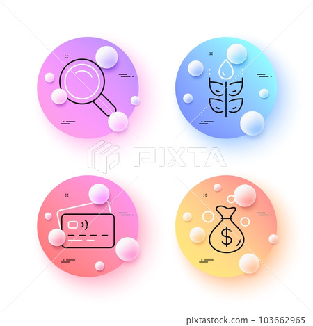 Card, Money bag and Search minimal line icons. 3d spheres or balls buttons. Gluten free icons. For web, application, printing. Bank payment, Investment, Magnifying glass. Bio ingredients. Vector Card, Money bag and Search minimal line icons. 3d spheres or balls buttons. Gluten free icons. For web, application, printing. Bank payment, Investment, Magnifying glass. Bio ingredients. Vector 103662965
