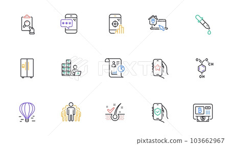 Favorite app, Inspect and Chemical formula line icons for website, printing. Collection of Bitcoin atm, Anti-dandruff flakes, Refrigerator icons. Work home, Phone password. Vector 103662967