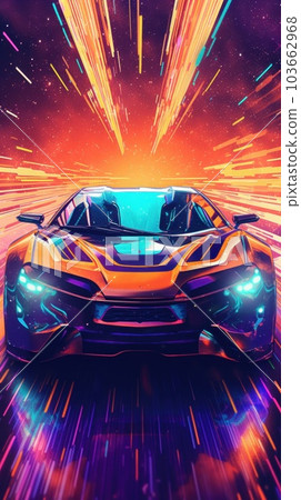 A sports car driving through a colorful background. Generative AI image. 103662968