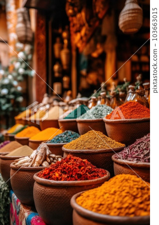 A variety of bowls filled with different types of spices. Generative AI image. 103663015