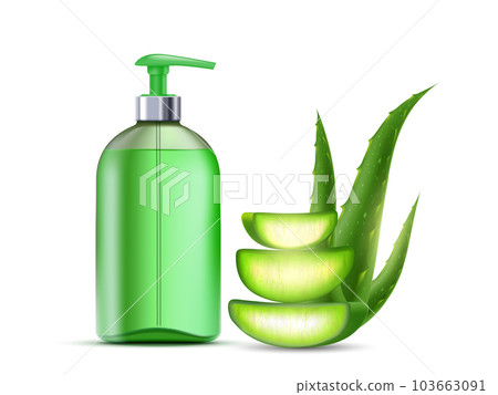 Bottle of aloe vera soap. Leaves of aloe plant 103663091