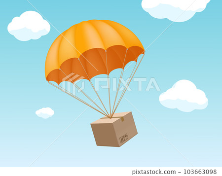 Cardboard box on a parachute flies in the sky 103663098
