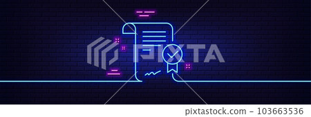 Neon light glow effect. Approved agreement line icon. Verified document sign. Accepted or confirmed symbol. 3d line neon glow icon. Brick wall banner. Approved agreement outline. Vector Neon light glow effect. Approved agreement line icon. Verified document sign. Accepted or confirmed symbol. 3d line neon glow icon. Brick wall banner. Approved agreement outline. Vector 103663536