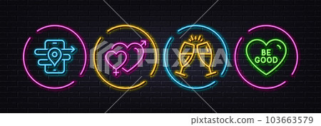 Male female, Gps and Champagne glasses minimal line icons. Neon laser 3d lights. Be good icons. For web, application, printing. Love heart, Phone map, Chin-chin. Love sweetheart. Vector Male female, Gps and Champagne glasses minimal line icons. Neon laser 3d lights. Be good icons. For web, application, printing. Love heart, Phone map, Chin-chin. Love sweetheart. Vector 103663579