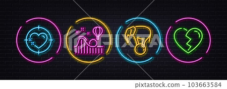 Roller coaster, Heart target and Elephant on ball minimal line icons. Neon laser 3d lights. Broken heart icons. For web, application, printing. Attraction park, Love aim, Circus show. Love end. Vector 103663584