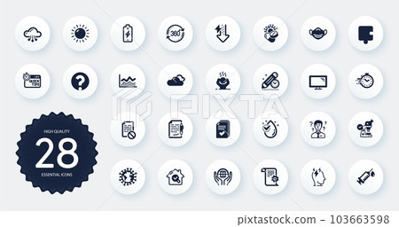 Set of Science icons, such as Puzzle, Cloud computing and Handout flat icons. Inspect, Wrong file, Energy drops web elements. Timer, Agreement document, Trade infochart signs. Circle buttons. Vector Set of Science icons, such as Puzzle, Cloud computing and Handout flat icons. Inspect, Wrong file, Energy drops web elements. Timer, Agreement document, Trade infochart signs. Circle buttons. Vector 103663598