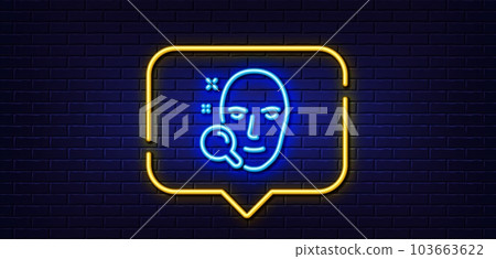 Neon light speech bubble. Face search line icon. Head recognition sign. Neon light background. Face search glow line. Brick wall banner. Vector Neon light speech bubble. Face search line icon. Head recognition sign. Neon light background. Face search glow line. Brick wall banner. Vector 103663622