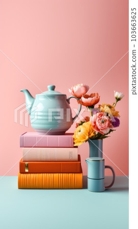 A tea pot and a stack of books on a table. Generative AI image. 103663625