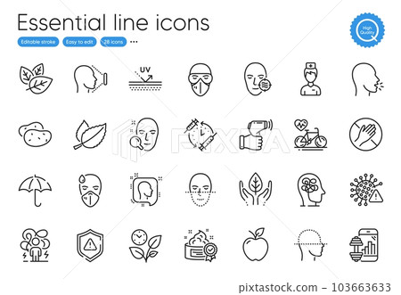 Leaves, Potato and Face id line icons. Collection of Face search, Electronic thermometer, Apple icons. Cough, Covid virus, Shield web elements. Sick man, Umbrella, Fair trade. Vector Leaves, Potato and Face id line icons. Collection of Face search, Electronic thermometer, Apple icons. Cough, Covid virus, Shield web elements. Sick man, Umbrella, Fair trade. Vector 103663633
