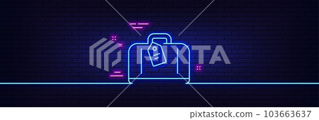 Neon light glow effect. Airport hand baggage reclaim line icon. Airplane luggage sign. Flight checked bag symbol. 3d line neon glow icon. Brick wall banner. Hand baggage outline. Vector 103663637