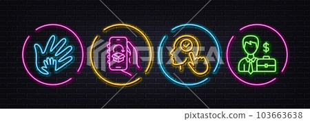 Delivery app, Social responsibility and Select user minimal line icons. Neon laser 3d lights. Businessman case icons. For web, application, printing. Return package, Hand, Head with checkbox. Vector Delivery app, Social responsibility and Select user minimal line icons. Neon laser 3d lights. Businessman case icons. For web, application, printing. Return package, Hand, Head with checkbox. Vector 103663638